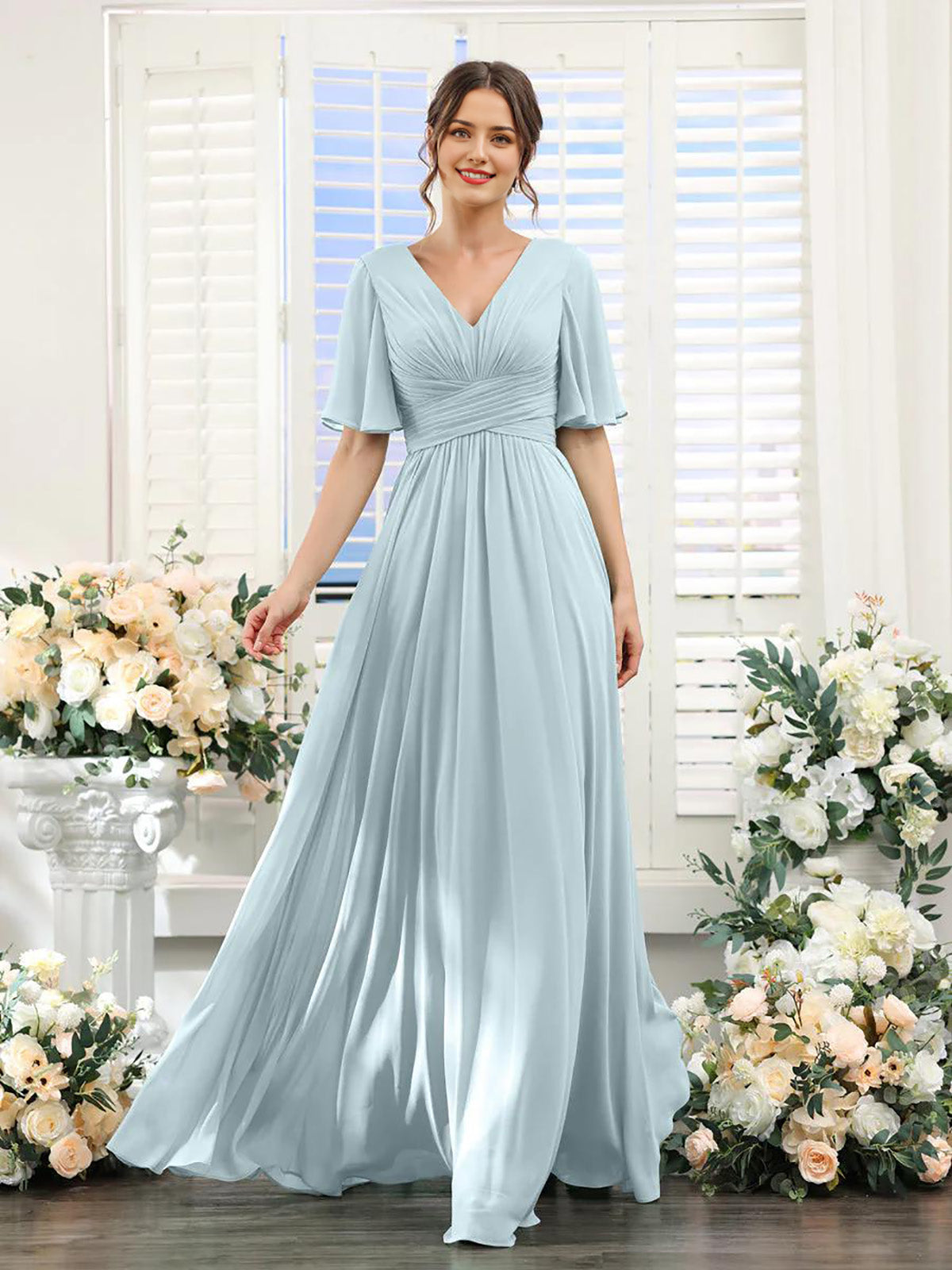 DingJiDress A-Line Bridesmaid Dress V-Neck Sleeve for Wedding Guest Long Formal Party Dresses with Slit