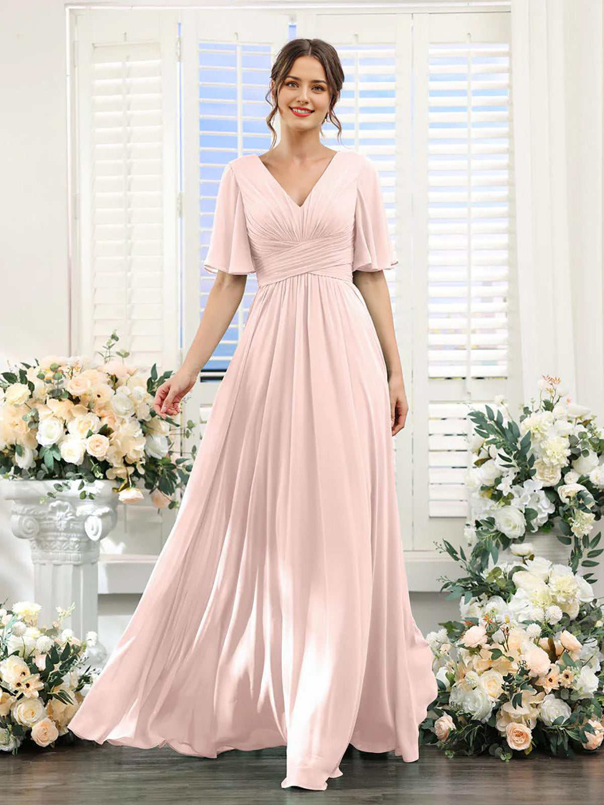 DingJiDress A-Line Bridesmaid Dress V-Neck Sleeve for Wedding Guest Long Formal Party Dresses with Slit