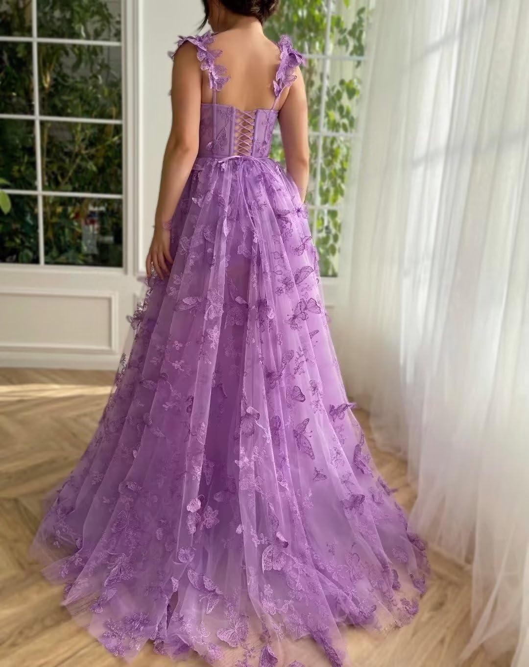Long Tulle Prom Dress with 3D Butterflies Dress Ball Gown Evening Party Wedding Formal Dress Slit