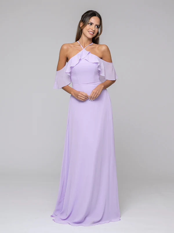 DingJiDress Halter Ruffles Off The Shoulder Chiffon Floor Length Bridesmaid Dresses