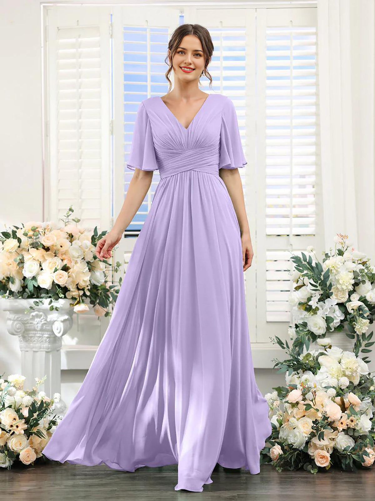 DingJiDress A-Line Bridesmaid Dress V-Neck Sleeve for Wedding Guest Long Formal Party Dresses with Slit