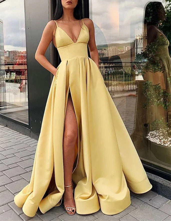 DingJiDress A Line Prom Dresses Satin Straps V Neck  With Pockets High Slit Formal Dress