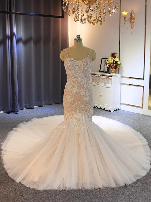DingJiDress Exquisite Spaghetti Strap Lace Mermaid Wedding Dresses With Chapel Train