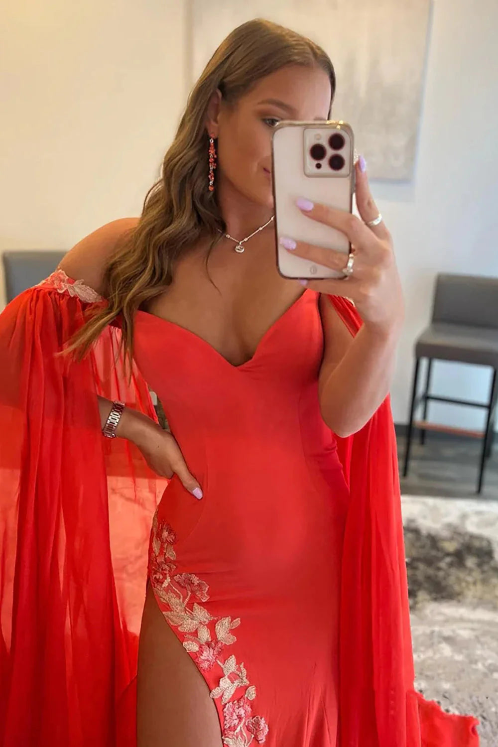 DingJiDress Sheath Off the Shoulder Long Prom Dress with Slit Polyester