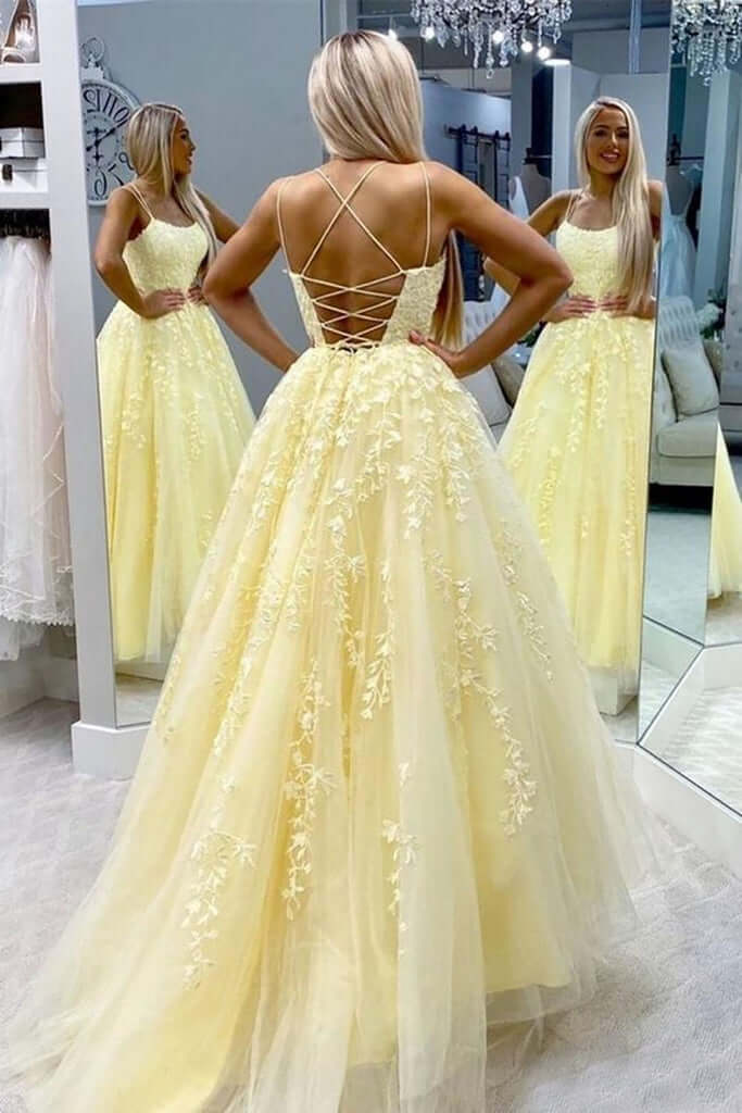 DingJiDress Daffodil Straps A-Line Tulle Long Prom Dresses With Appliques
