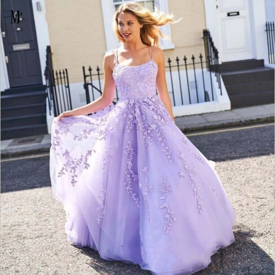 DingJiDress Daffodil Straps A-Line Tulle Long Prom Dresses With Appliques