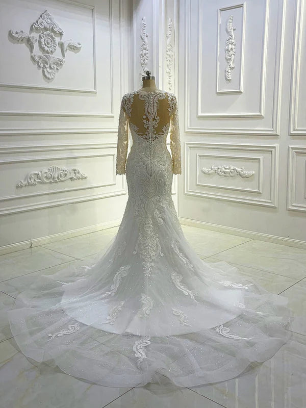 Elegant Long Sleeve V Neck Appique Mermaid Wedding Dresses