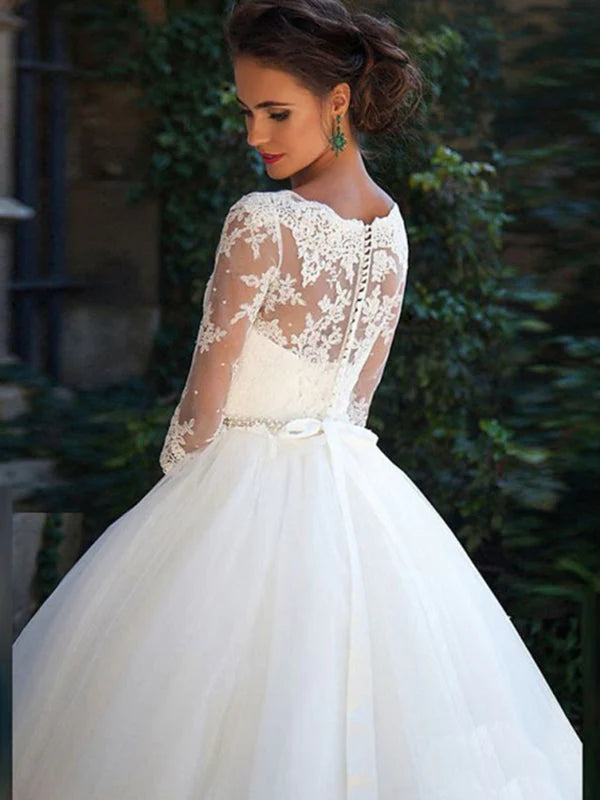 3/4 Sleeve Boat Neck Applique A Line Wedding Dresses