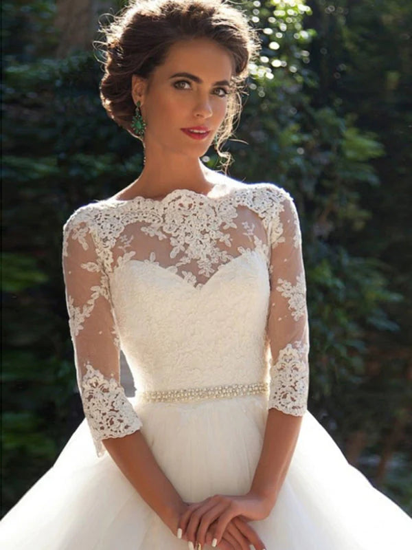 3/4 Sleeve Boat Neck Applique A Line Wedding Dresses