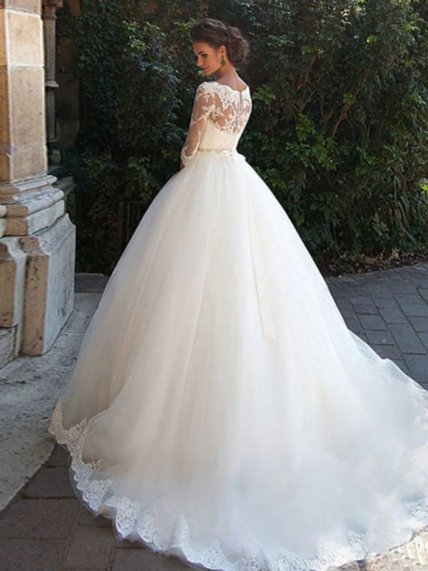 3/4 Sleeve Boat Neck Applique A Line Wedding Dresses