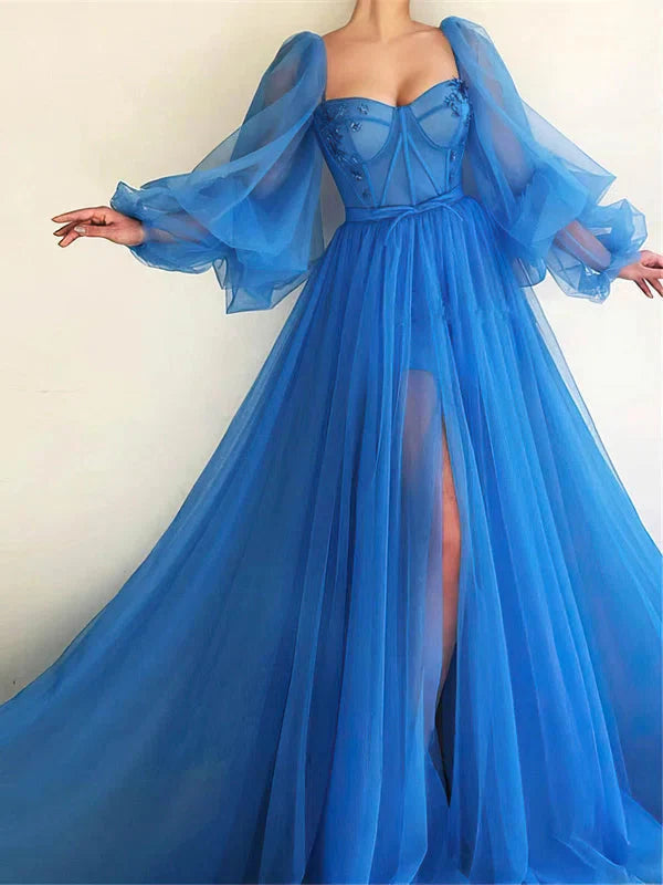 DingJiDress Prom Dresses Long Sleeves A Line Tulle Floor-Length With Slit