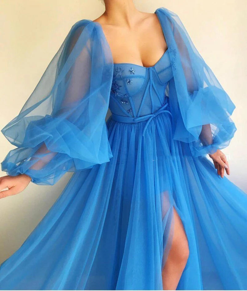 DingJiDress Prom Dresses Long Sleeves A Line Tulle Floor-Length With Slit