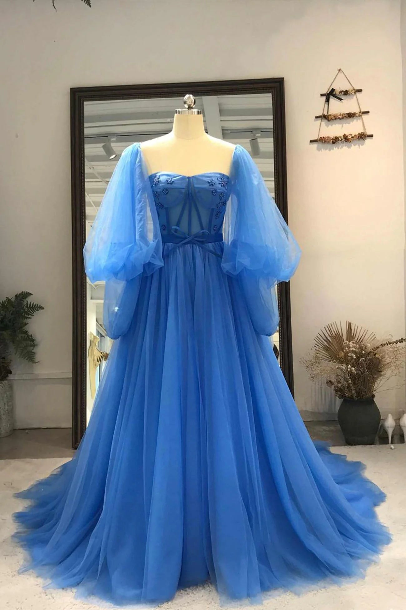 DingJiDress Prom Dresses Long Sleeves A Line Tulle Floor-Length With Slit