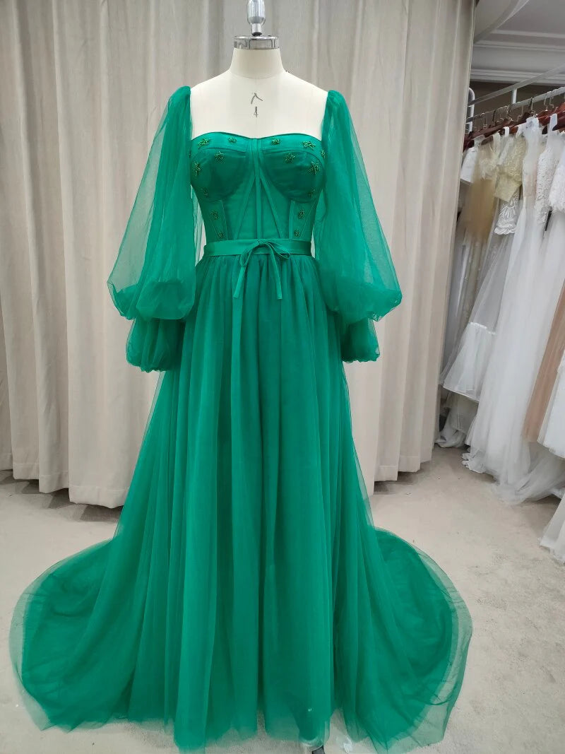 DingJiDress Prom Dresses Long Sleeves A Line Tulle Floor-Length With Slit