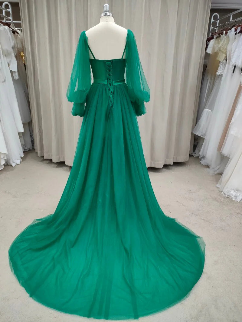 DingJiDress Prom Dresses Long Sleeves A Line Tulle Floor-Length With Slit
