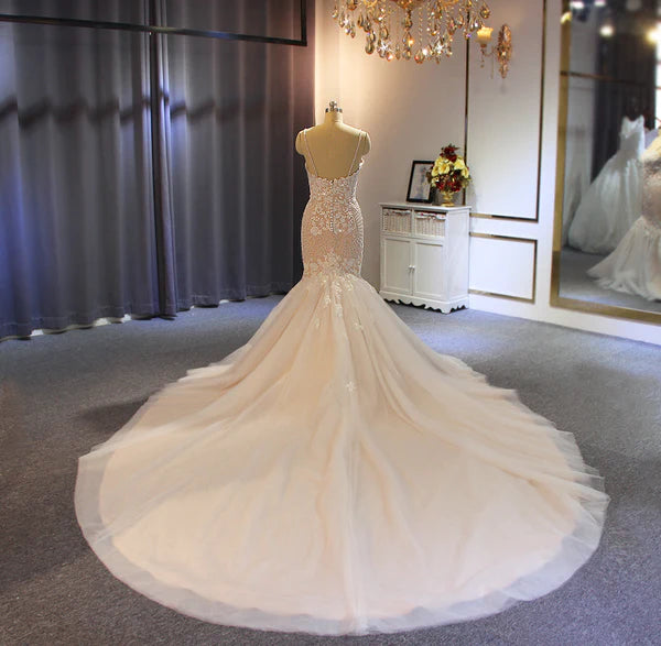 DingJiDress Exquisite Spaghetti Strap Lace Mermaid Wedding Dresses With Chapel Train