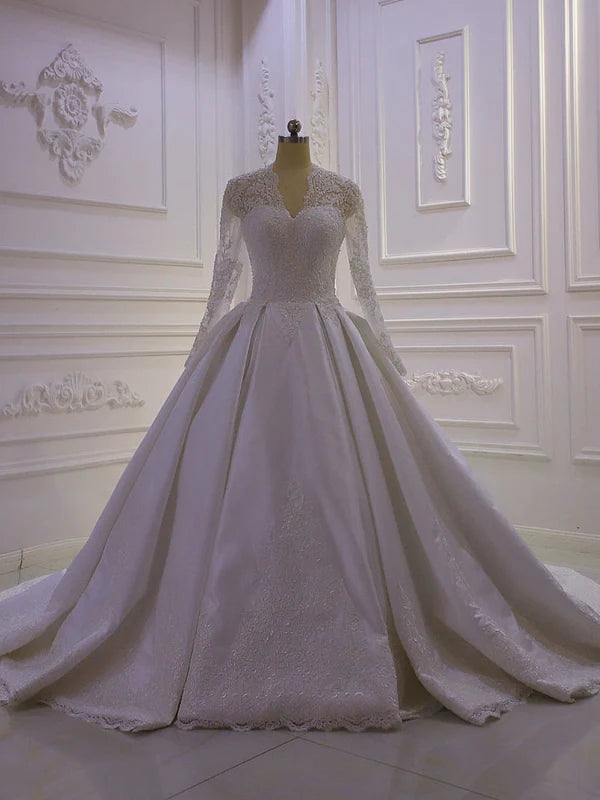 DingJiDress Gorgeous V Neck Long Sleeve Applique A Line Wedding Dresses