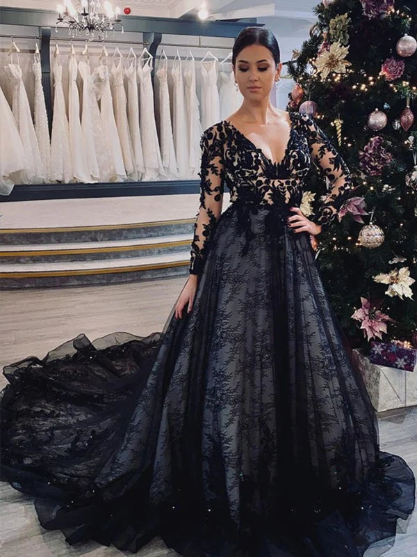 DingJiDress Long Sleeves V-neck Black Gothic Lace Wedding Dress
