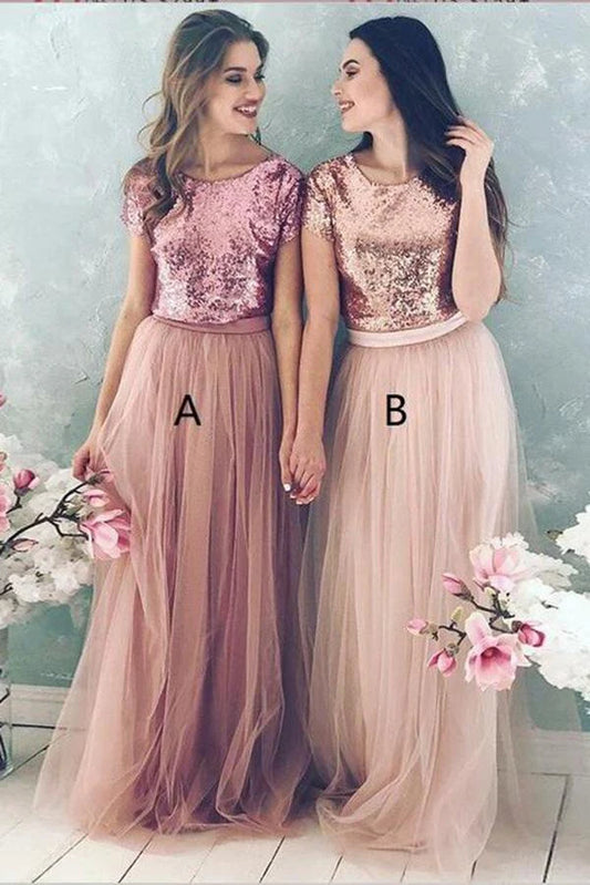 DingJiDress Two Piece Tulle Round Neck Cheap Bridesmaid Dresses A Line Top Blush Sequin Lovel