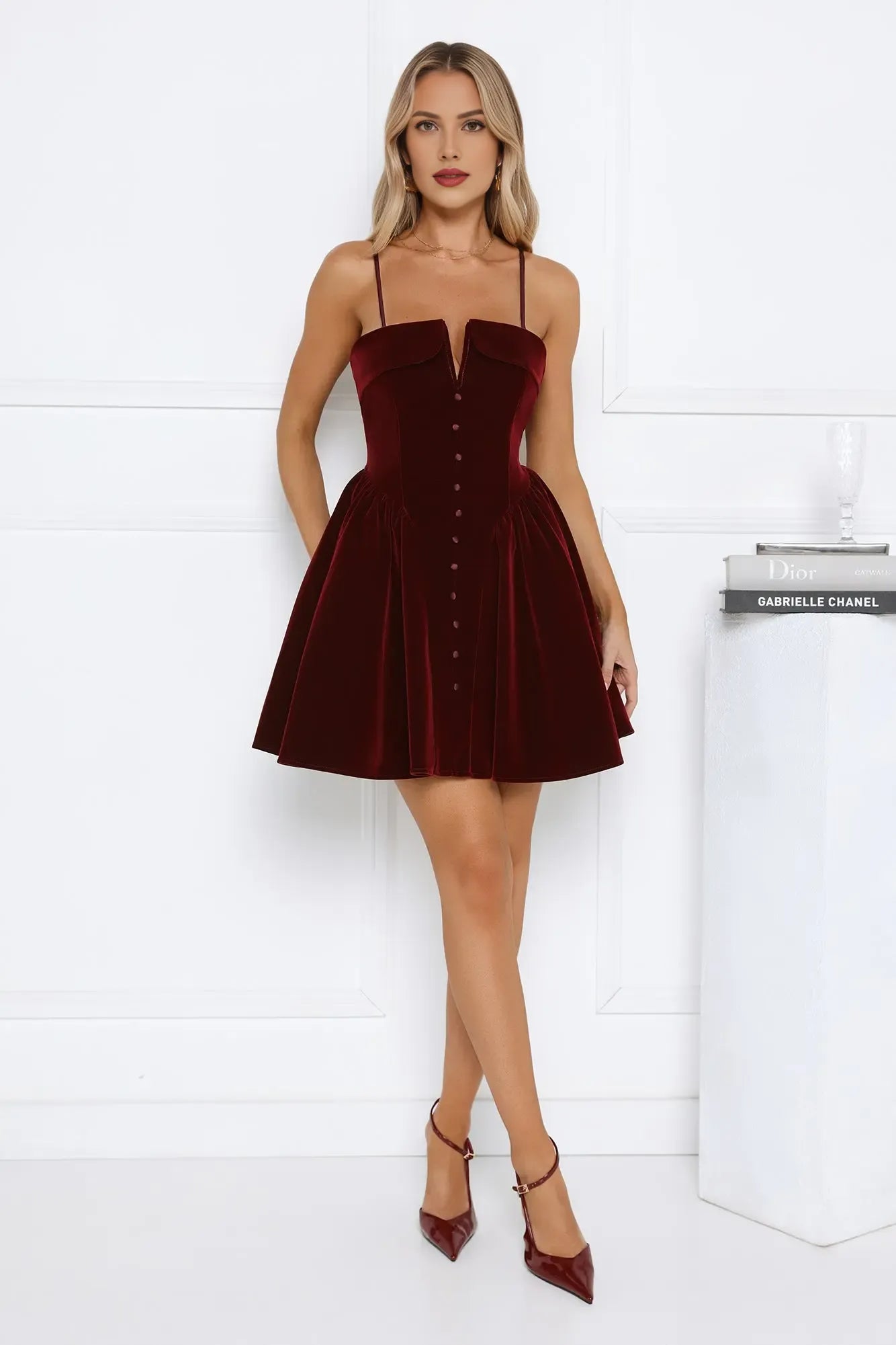 Lovely A-line Spaghetti Straps Button Velvet Wine Mini Prom Dress With Waist Tie Hot Sale