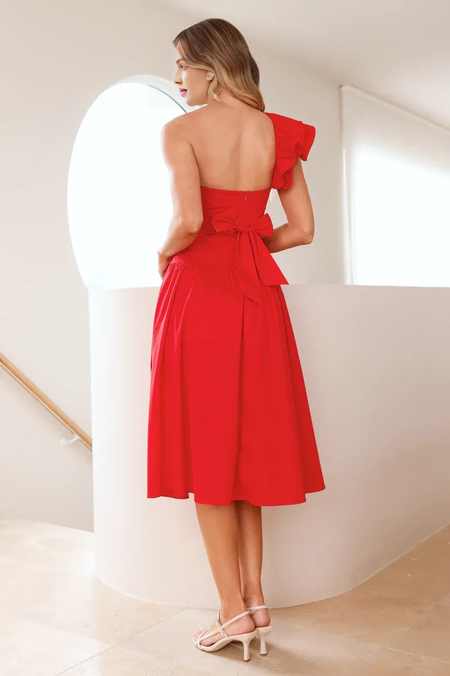 Lovely A-line One Shoulder Ruffle Keyhole Cutout Red Midi Prom Dress With Slit