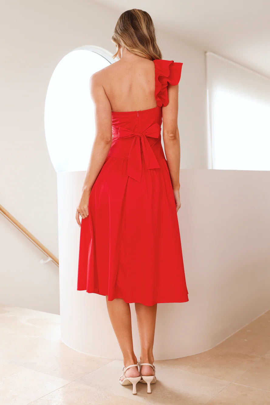Lovely A-line One Shoulder Ruffle Keyhole Cutout Red Midi Prom Dress With Slit