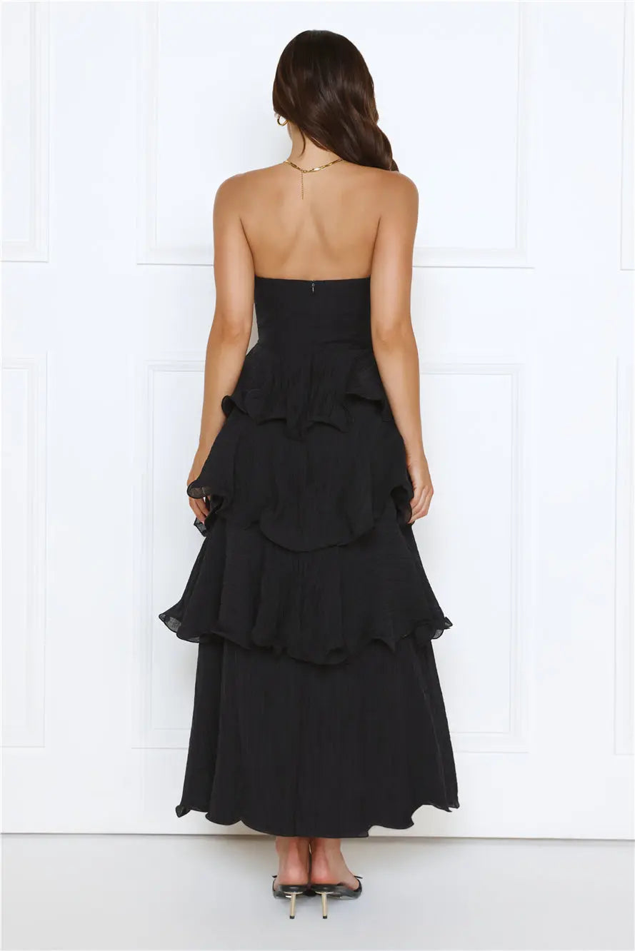 Lovely A-line Strapless Gathered Ruffle Tiered Black Ankle Length Prom Dress