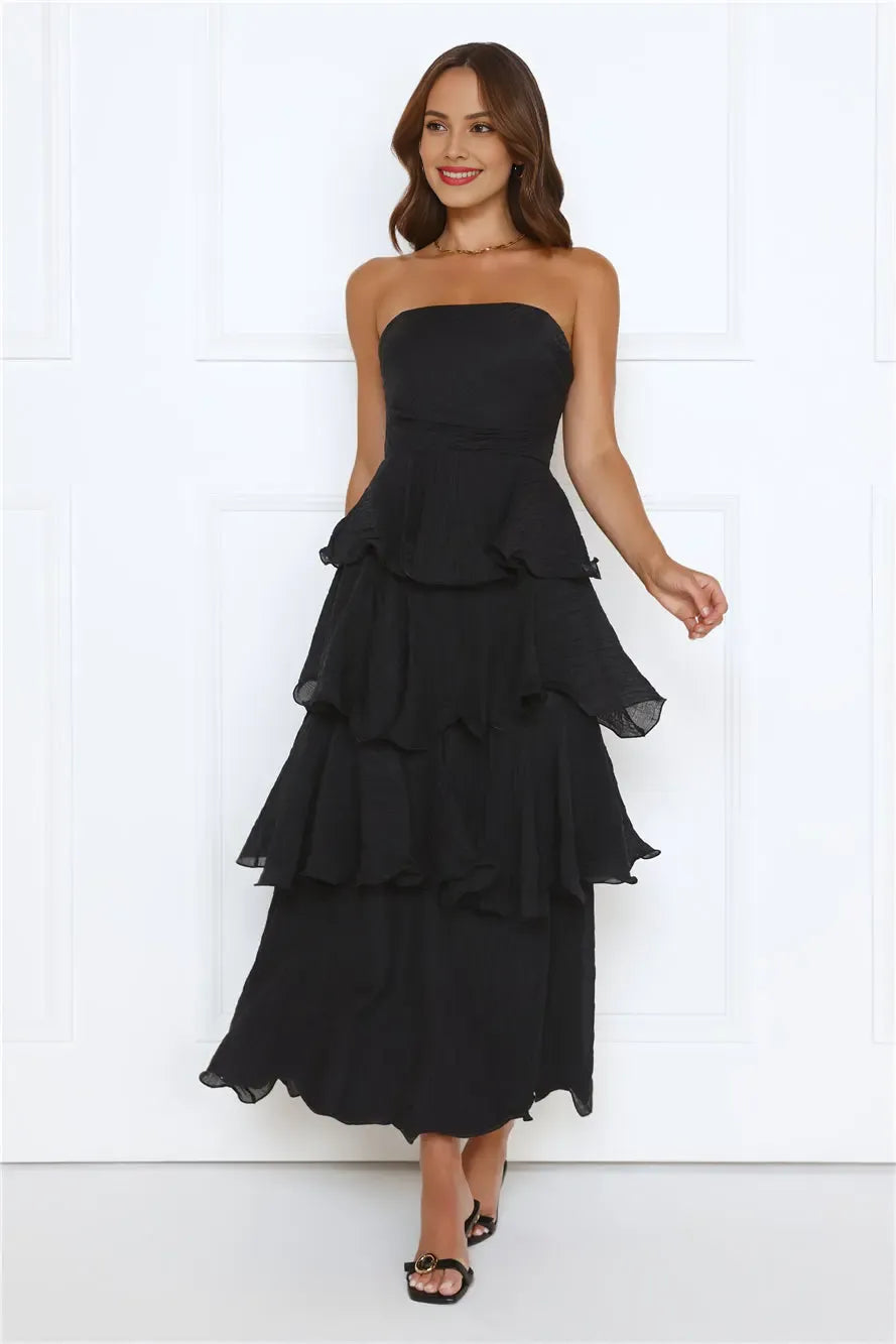 Lovely A-line Strapless Gathered Ruffle Tiered Black Ankle Length Prom Dress