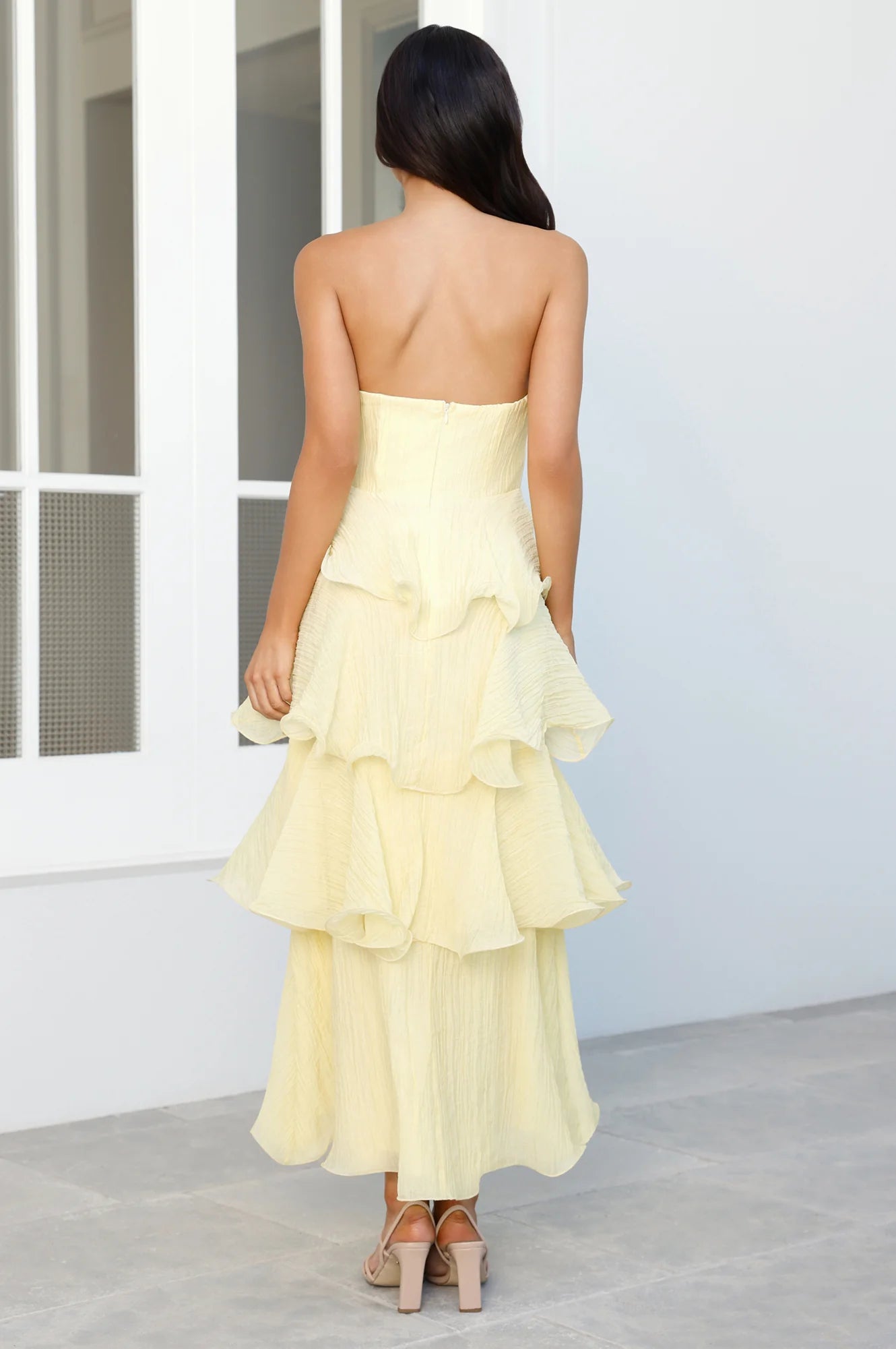 Lovely A-line Strapless Gathered Ruffle Tiered Yellow Ankle Length Prom Dress