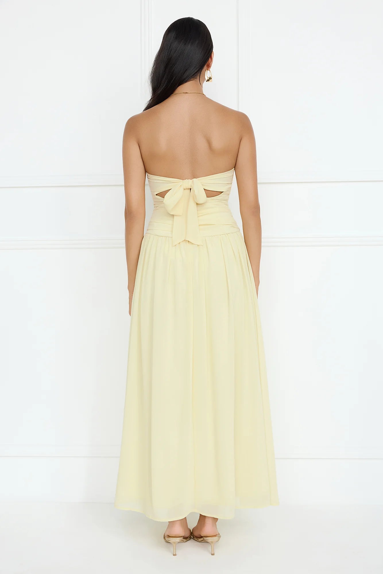 Lovely A-line Strapless Pleated Tie Chiffon Yellow Maxi Prom Dress For Women