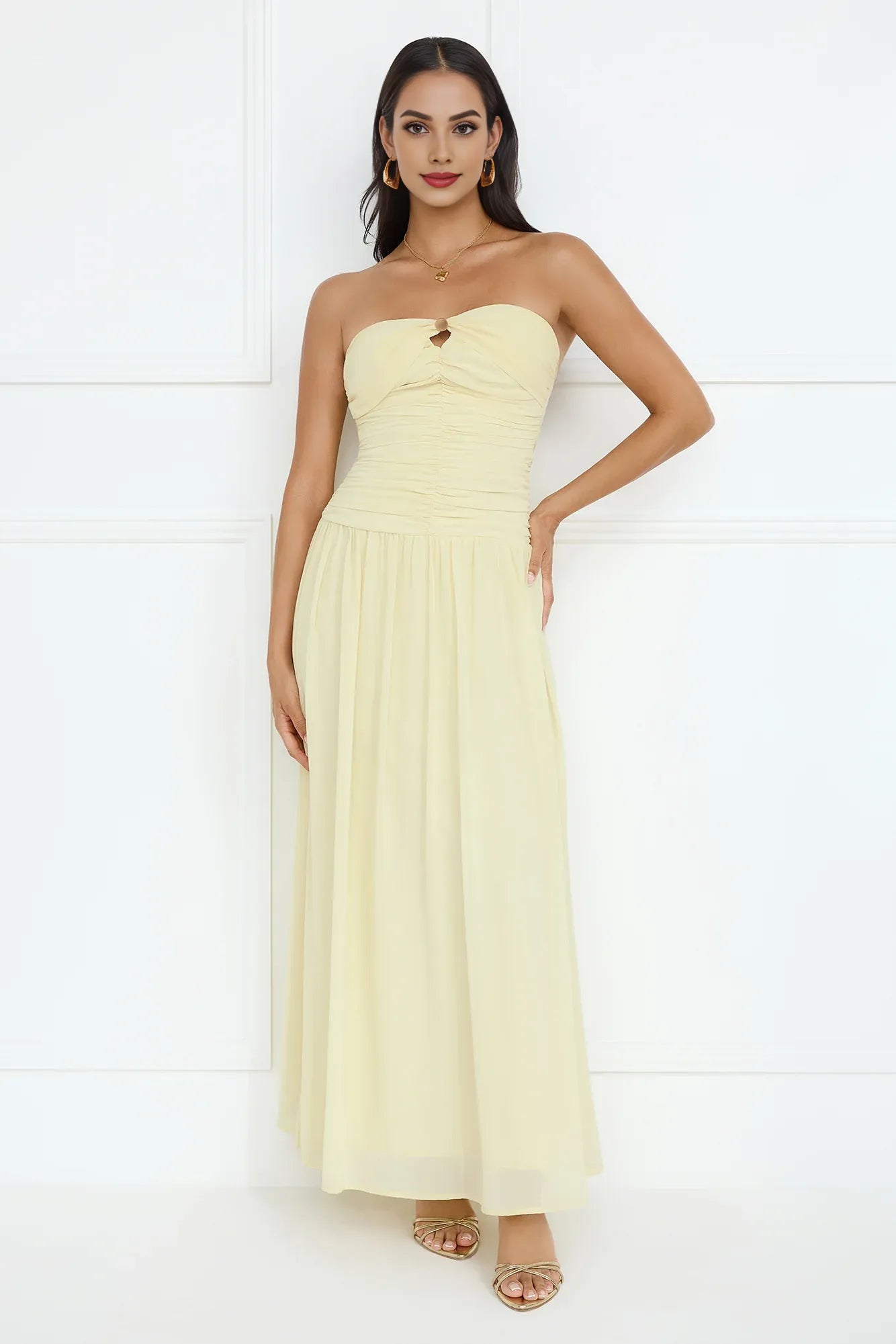 Lovely A-line Strapless Pleated Tie Chiffon Yellow Maxi Prom Dress For Women