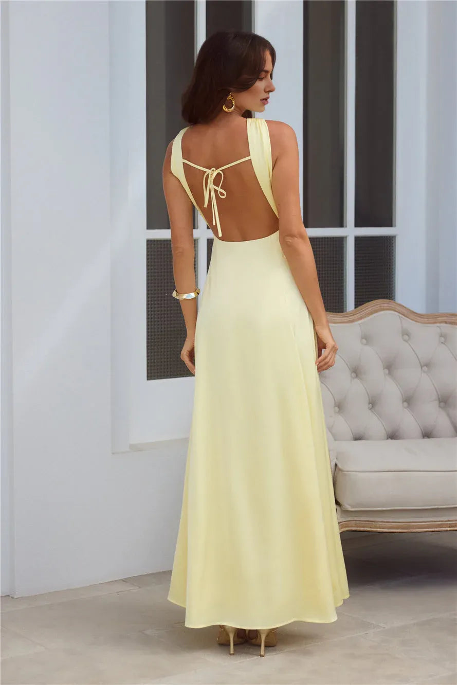 Lovely A-line Twist Neck Keyhole Cutout Open Back Satin Yellow Midi Prom Dress