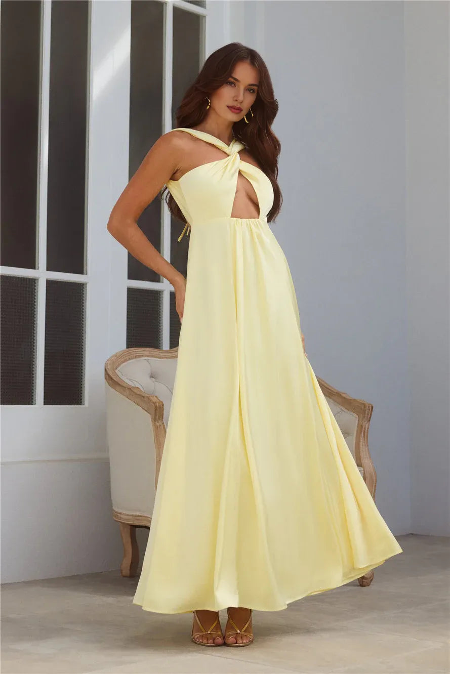 Lovely A-line Twist Neck Keyhole Cutout Open Back Satin Yellow Midi Prom Dress