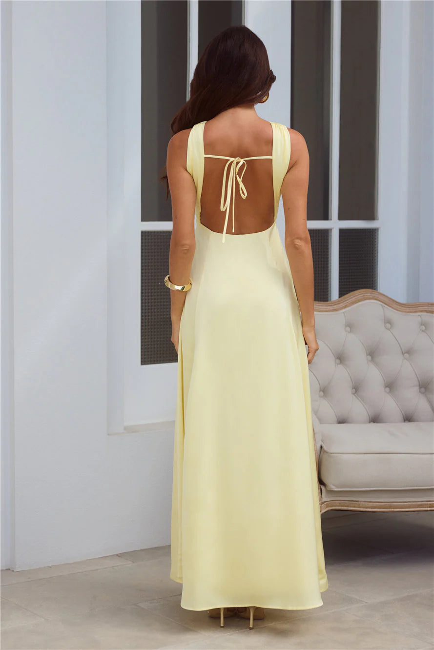 Lovely A-line Twist Neck Keyhole Cutout Open Back Satin Yellow Midi Prom Dress