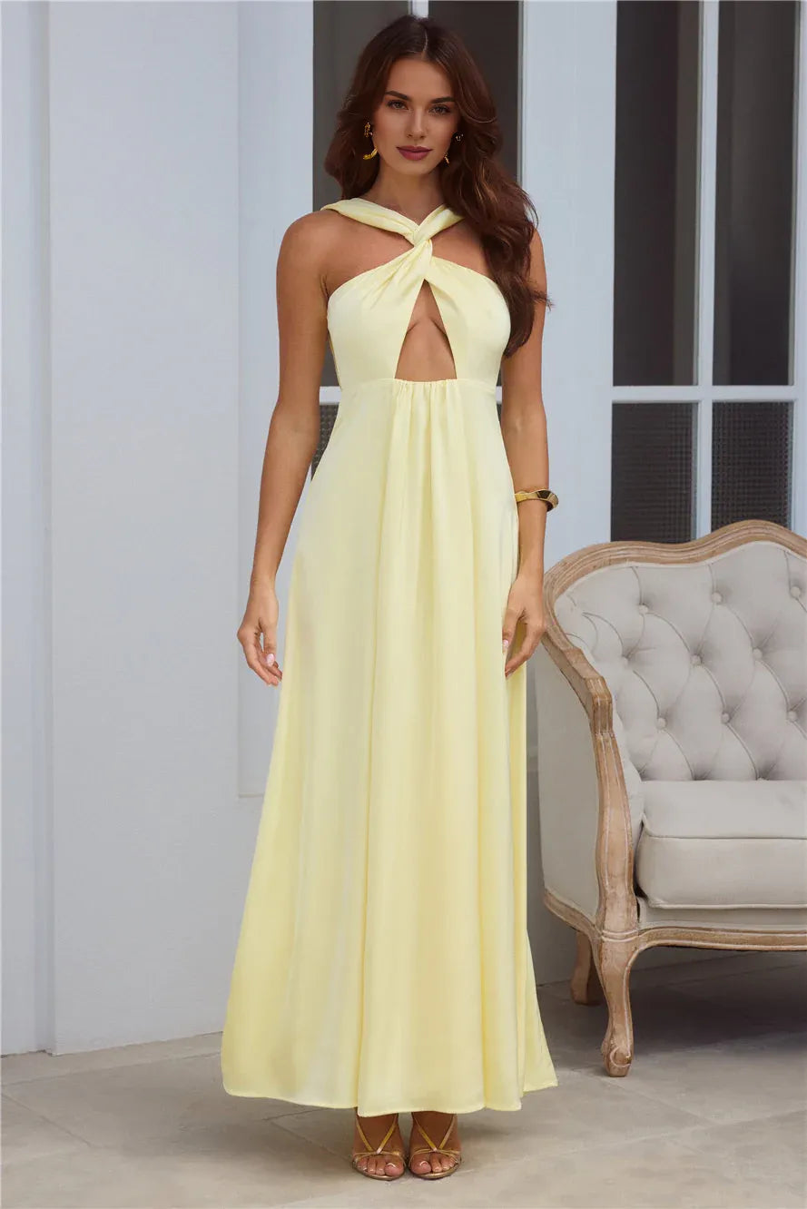 Lovely A-line Twist Neck Keyhole Cutout Open Back Satin Yellow Midi Prom Dress