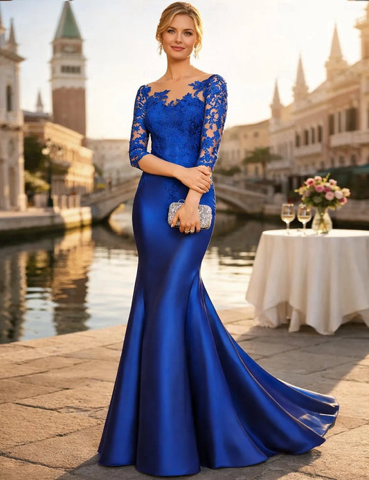 Luxurious Mermaid Round Neck 3/4-sleeved Lace Royal Blue Maxi Prom Dress for Women Hot Sale