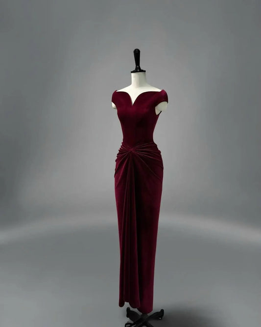 Luxurious Sheath Sweetheart Cap-Sleeved Ruched Burgundy Floor-Length Evening Dress For Women Custom