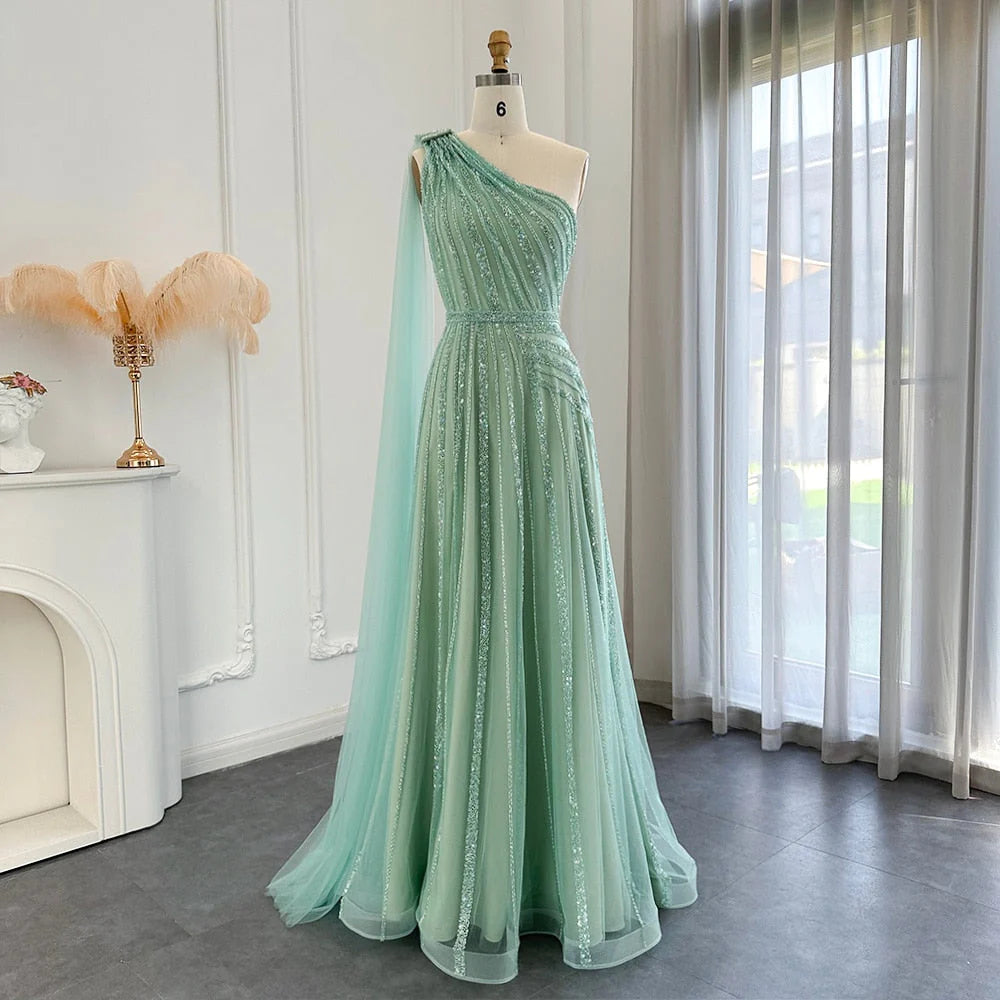 DingJiDress Prom Dress Luxury One Shoulder Tulle Beaded Slit with Cape
