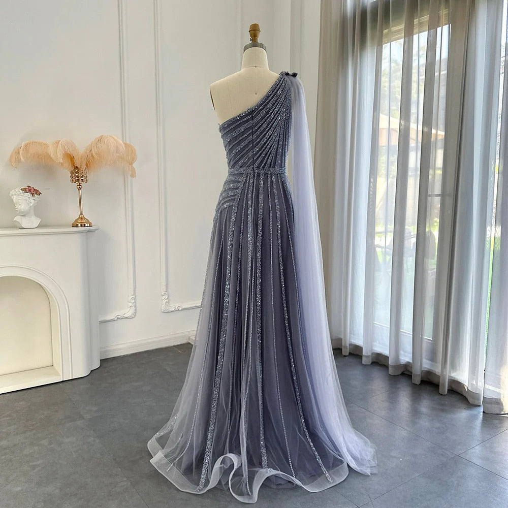DingJiDress Prom Dress Luxury One Shoulder Tulle Beaded Slit with Cape