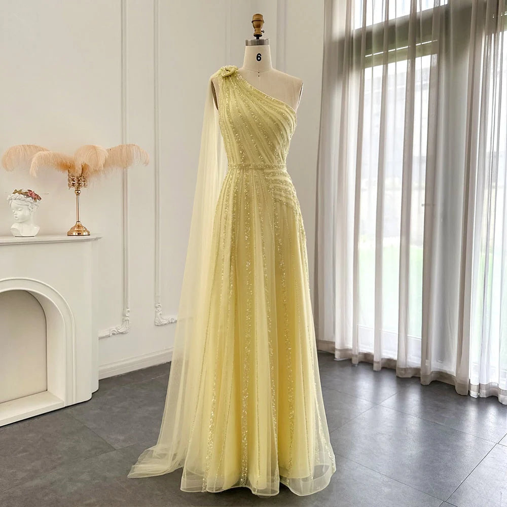 DingJiDress Prom Dress Luxury One Shoulder Tulle Beaded Slit with Cape
