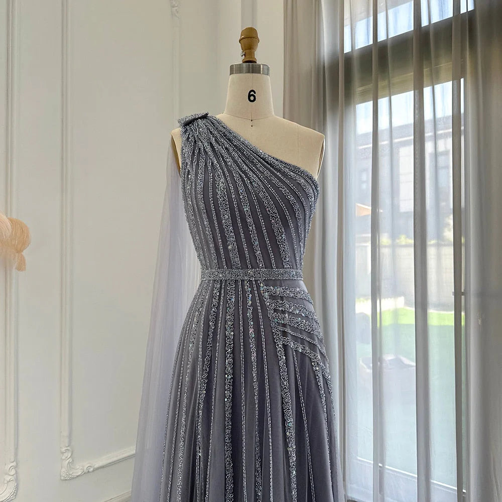 DingJiDress Prom Dress Luxury One Shoulder Tulle Beaded Slit with Cape