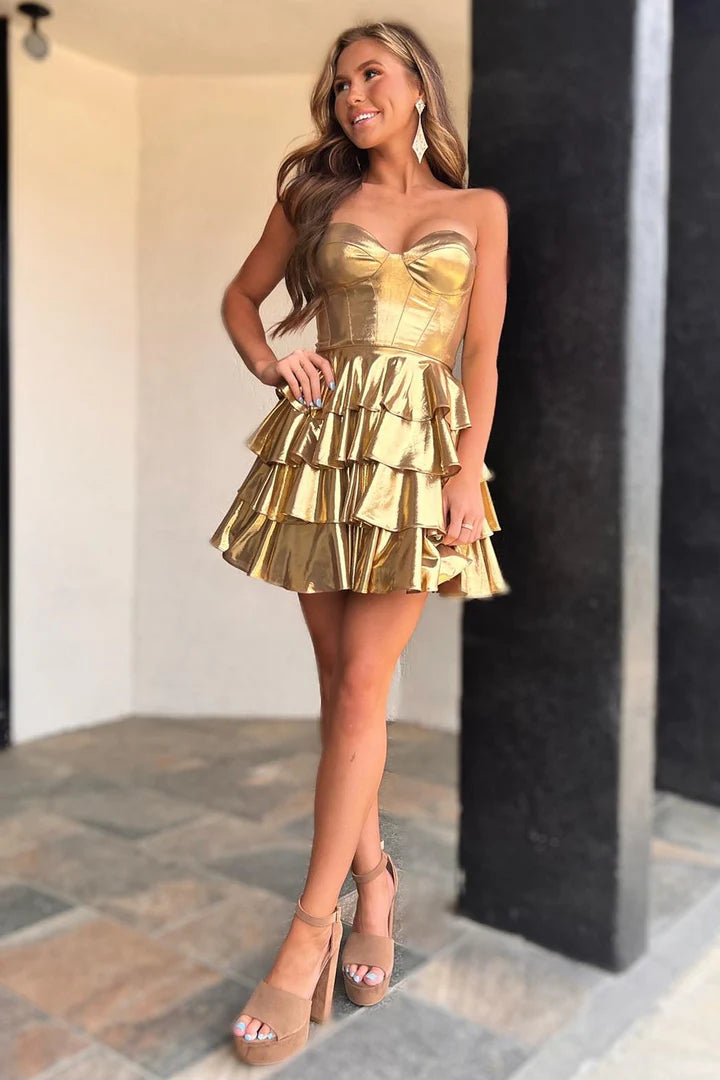DingJiDress A-Line Homecoming Dress Strapless Gold Metallic Ruffle Graduation Dresses