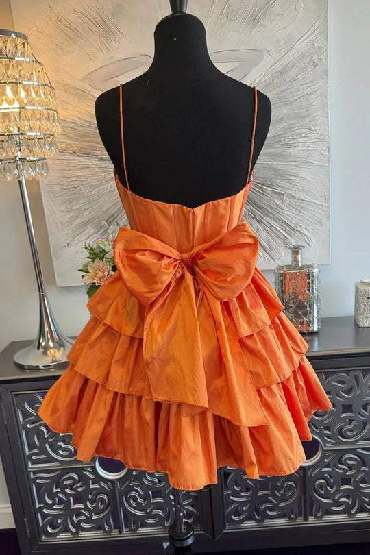 DingJiDress A-Line Ruffle Homecoming Dress Chic Spaghetti Straps Orange Graduation Dresses