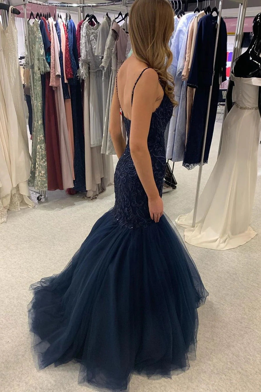 DingJiDress Prom Dress Mermaid Long Dark Navy Lace Applique Evening Dress With Beads