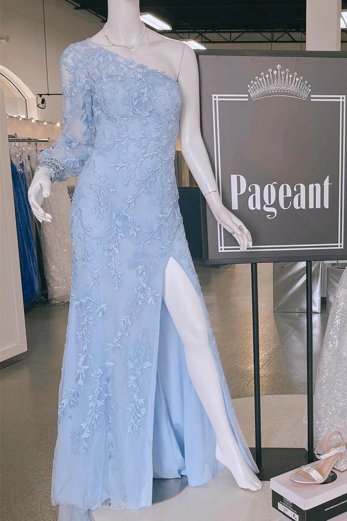 DingJiDress Prom Dresses Mermaid Tulle One Shoulder Long Sleeves Slit With Applique