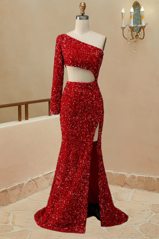 DingJiDress Prom Dress  Mermaid Cut Out Red One Shoulder Sequin With Front Split