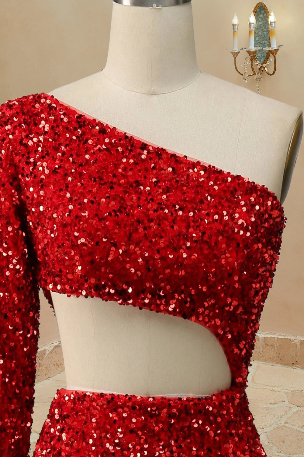 DingJiDress Prom Dress  Mermaid Cut Out Red One Shoulder Sequin With Front Split