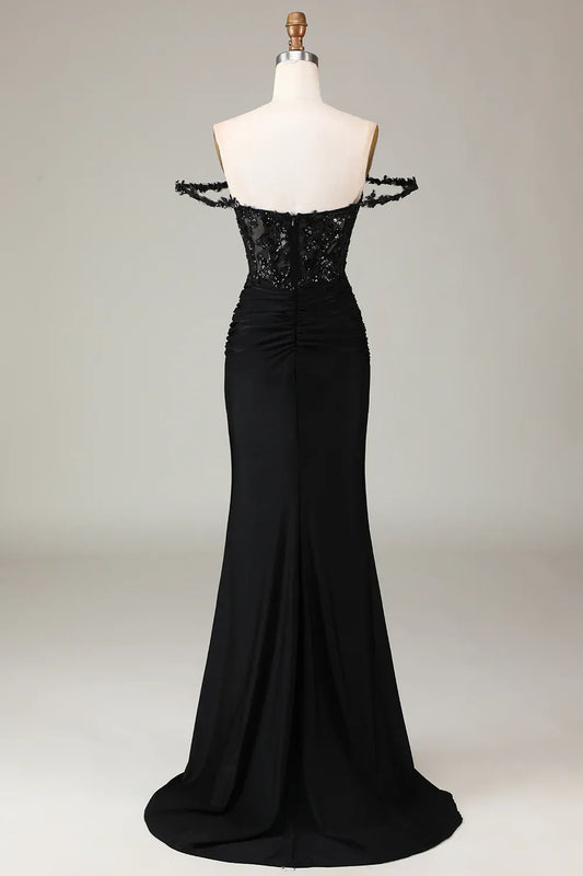Mermaid Off-Shoulder Corset Pleated Sequins Applique Black Maxi Prom Dress