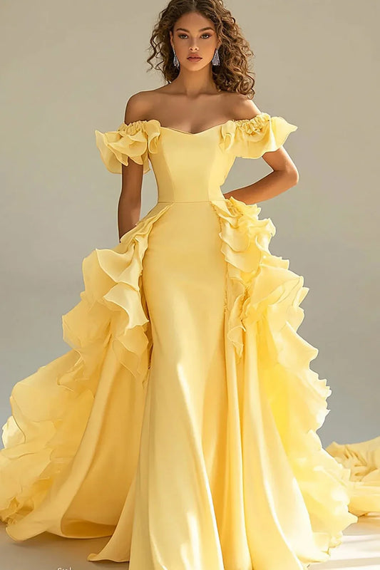 Mermaid Off-Shoulder Ruffle Yellow Prom Dress With Sweep Train