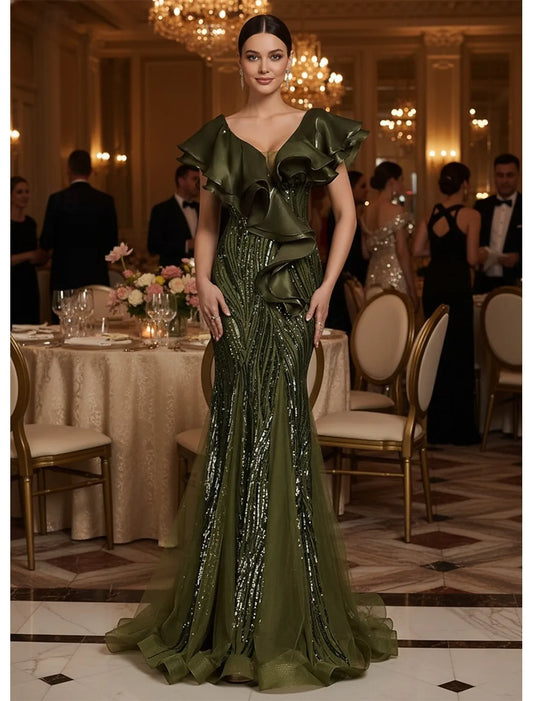 Mermaid V Neck Ruffle Sequin Olive Green Floor Length Evening Dress